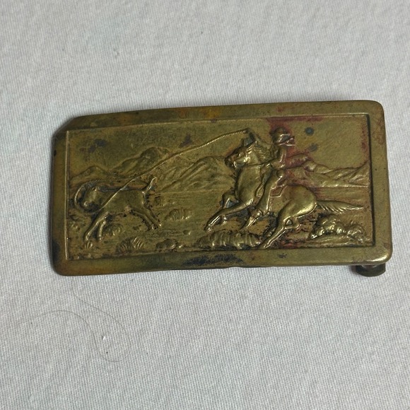 Other - Vtg Brass Western Cowboy Horseback Roping Calf Belt Buckle Rectangular Patina